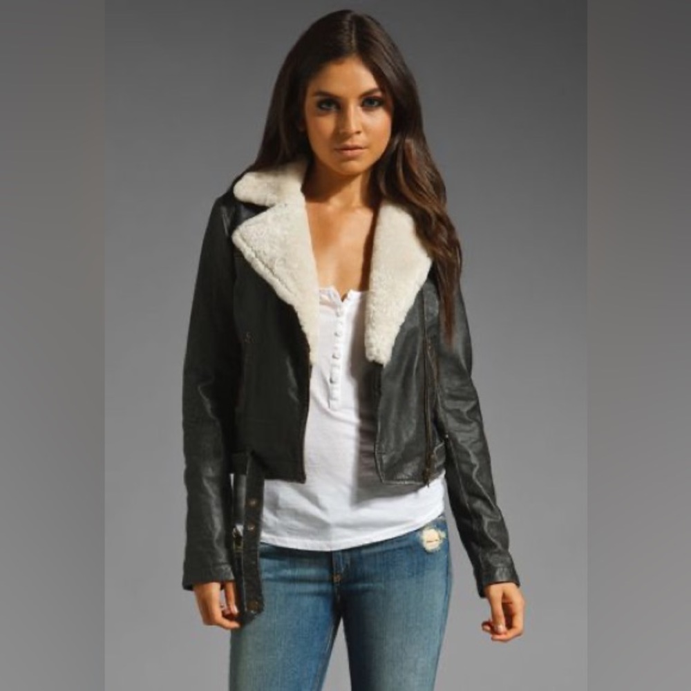 NWT Current/Elliott The Shearling Leather Biker Black Jacket Sz 1